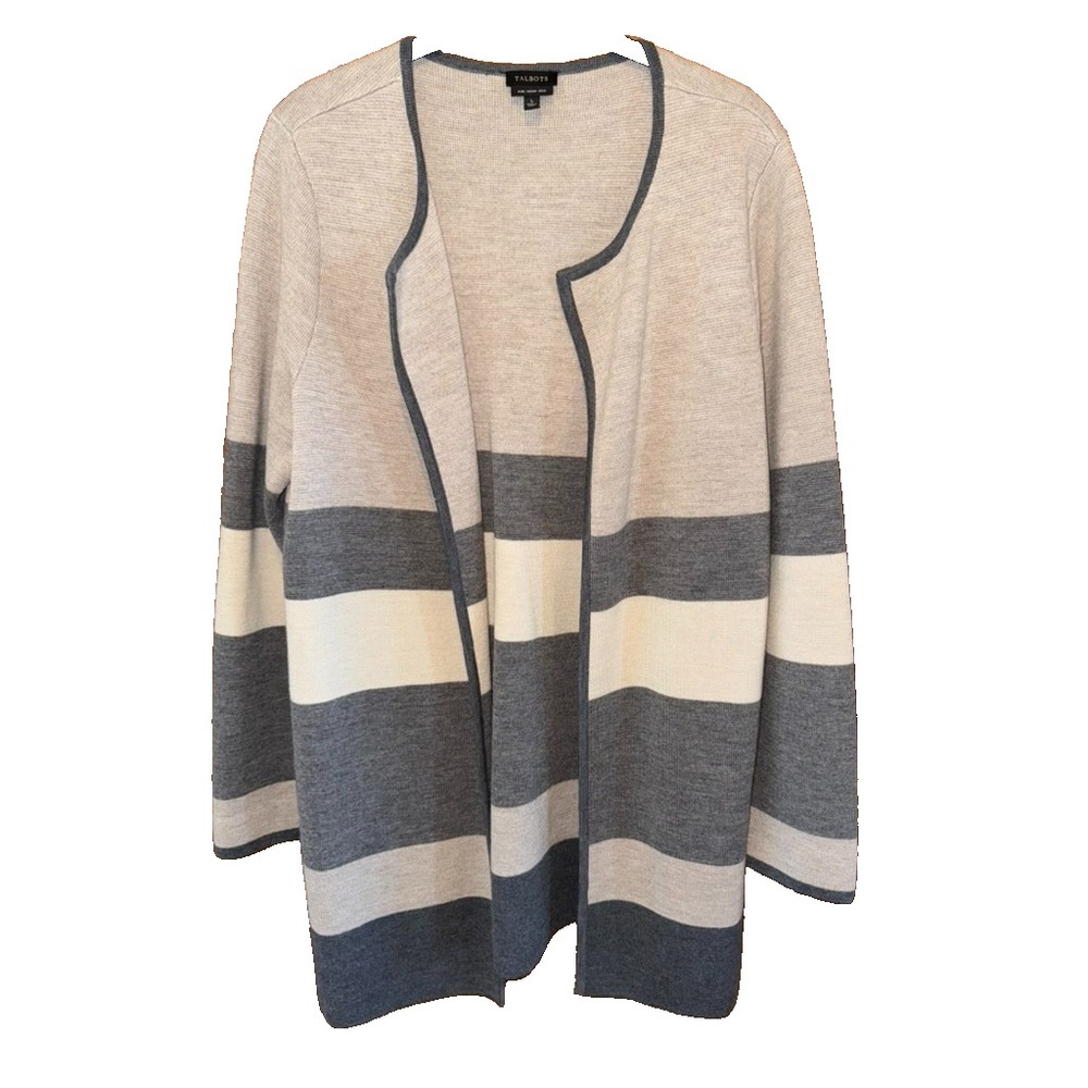 TALBOTS grandma core Sz large Merino Wool Open Cardigan Sweater gray Striped